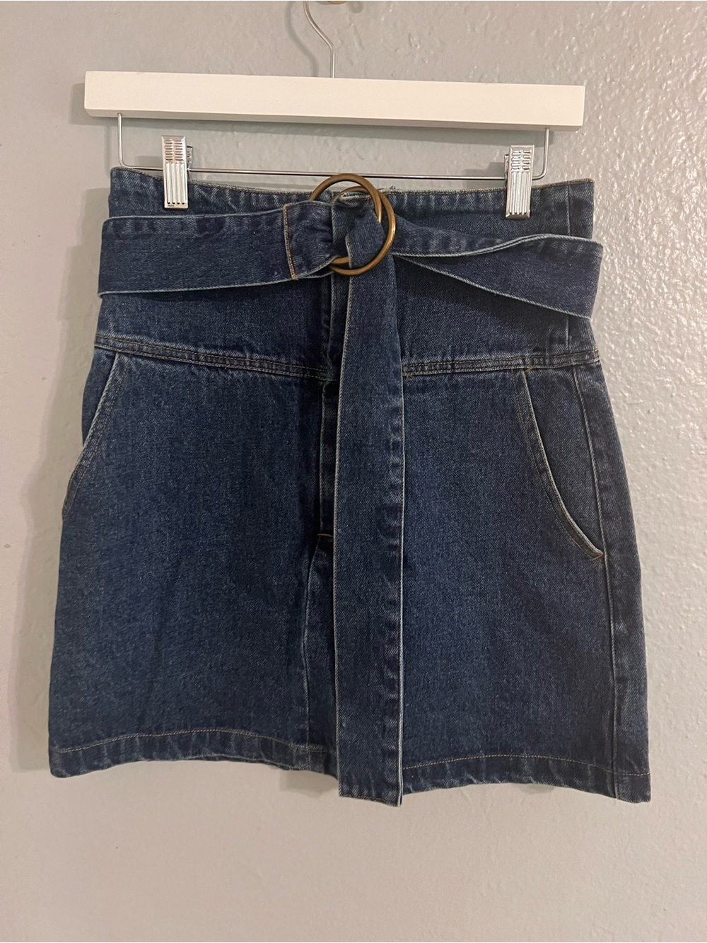 100% Cotton High-Waist Dark Denim Belted Mini Skirt